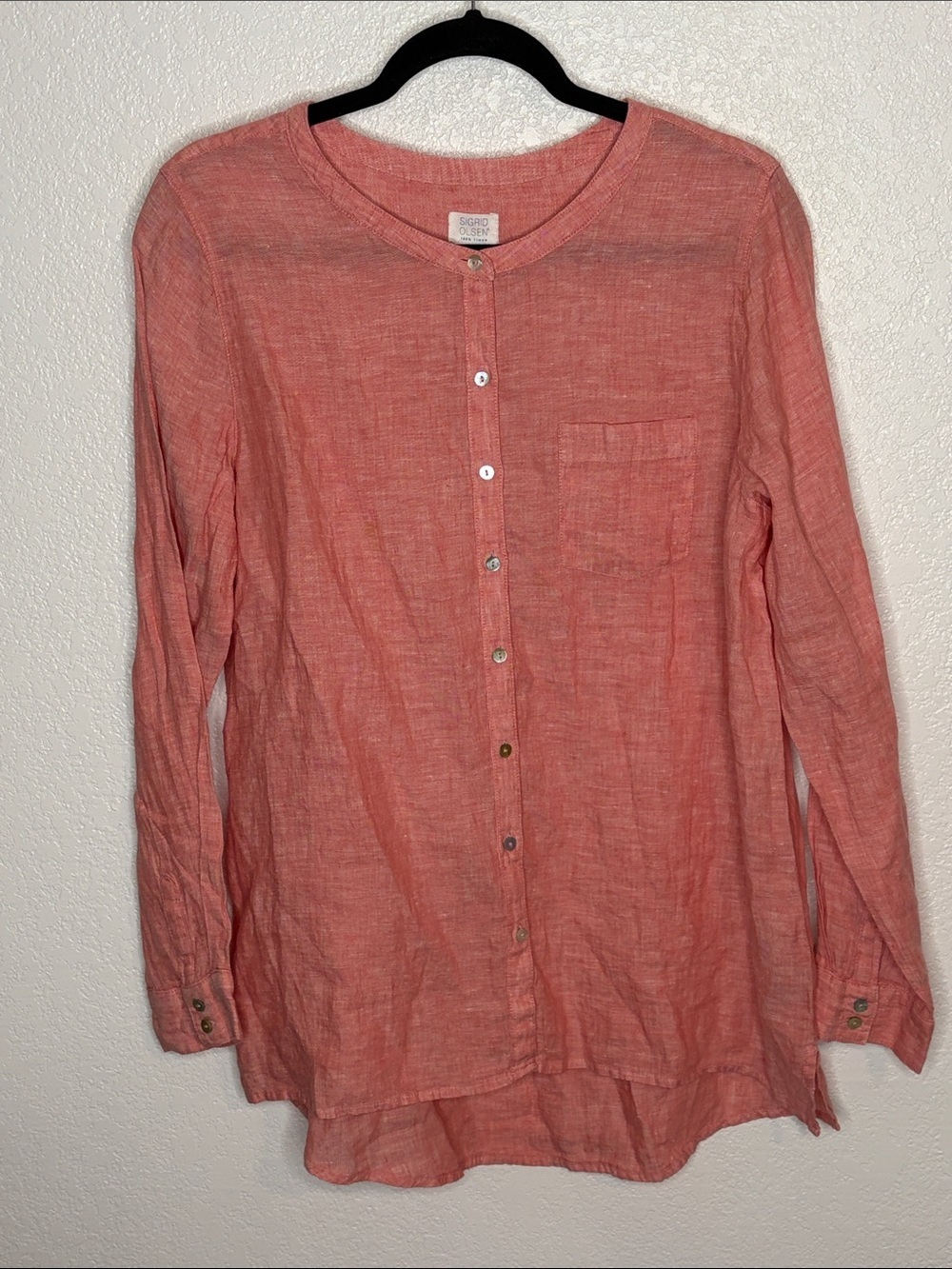 Sigrid Olsen Coral Linen Mother of Pearl Button Down Shirt Size Large